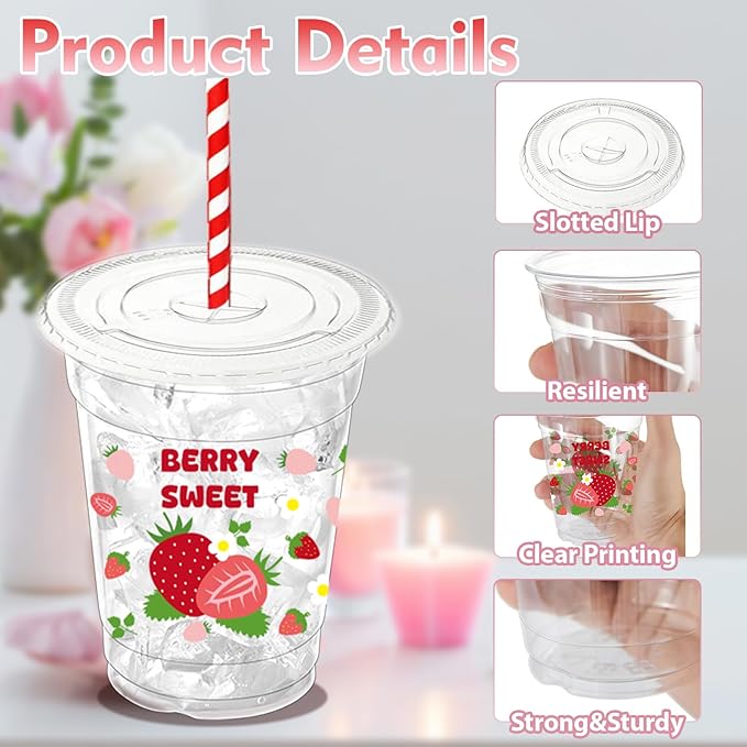 50 Pcs Strawberry Plastic Cups with Lids and Straws, 12 oz Strawberry Disposable Party Drinking Cups for Summer Spring Party Birthday Baby Shower Supplies
