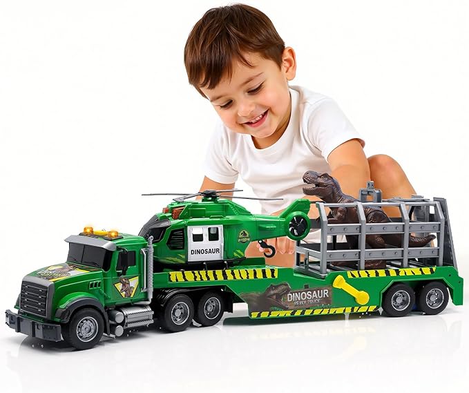Carrier Dino Truck Kids Toys,21" Semi Truck Toy with Helicopter & Dinosaur Toy with Lights & Sounds,Large Friction Powered Vehicles for Toddlers Age 3 4 5 6 7,Christma Birthday Gifts for Boys Girls