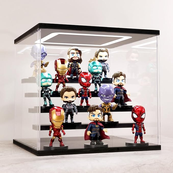 Clear Acrylic Display Case with Light , 5 Tier Display Box Stand Assembly Dustproof Protection Showcase for Collectibles Action Figures (Black 12.6×12.2×11.8in; 32×31×30cm)