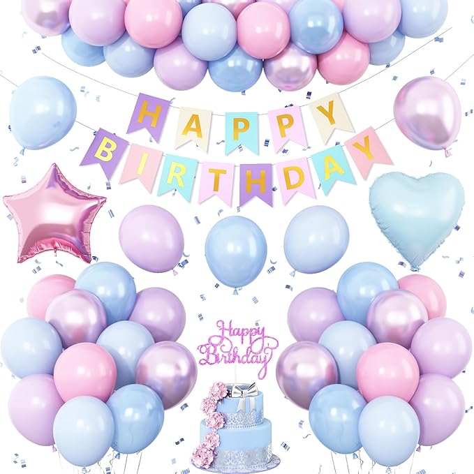Pink Purple Blue Birthday Decorations,Pastel Balloon Decor Happy Birthday Banner Cake Topper Star Heart Foil Balloon for Girl Baby Shower Gender Reveal Party