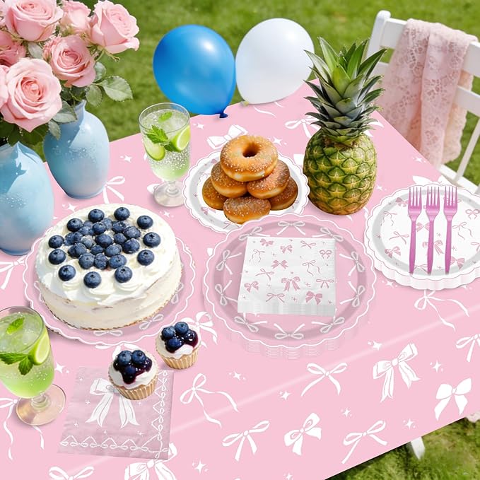 Pink Bow Party Supplies Set for 20 Guests, Including Tablecloths, Forks, Napkins and Plates for Pink Bow Birthday Decorations Coquette Birthday Party Bachelorette