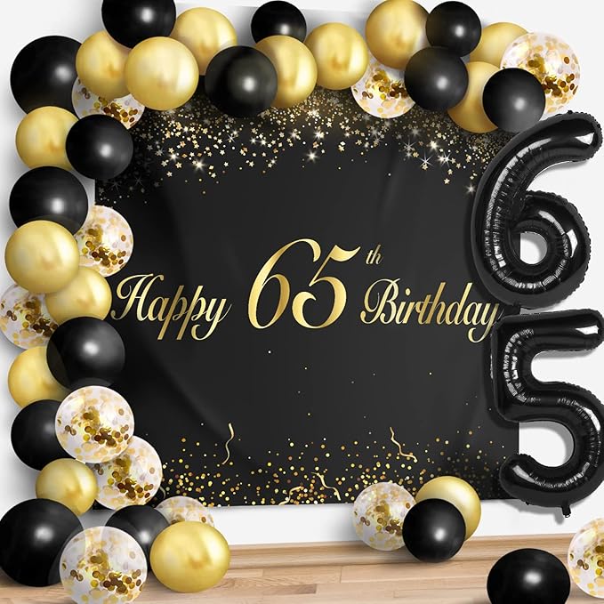 Happy 65th Birthday Balloons Black Set Decor - Cheers to 65 Years Old Party Theme Garland Banner Backdrop Decorations For Women and Men Supplies