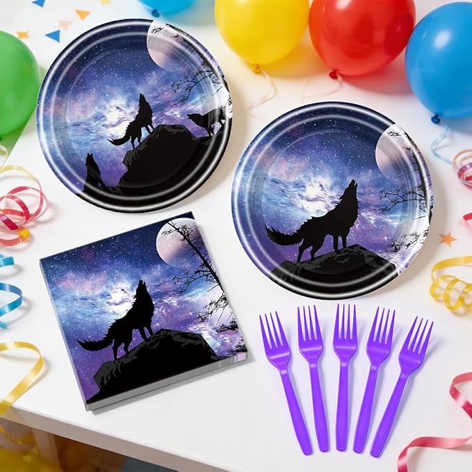 Wolf Birthday Party Tableware, Wolf King Party Supplies, Galaxy Wolf Birthday Decorations Wolf Theme Paper Plate