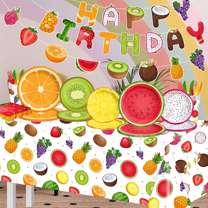 Fruit Birthday Decorations-143Pcs Fruit Theme Plates and Napkins Kit Summer Tutti Frutti Tableware Serves 20 Guests for Birthday Party