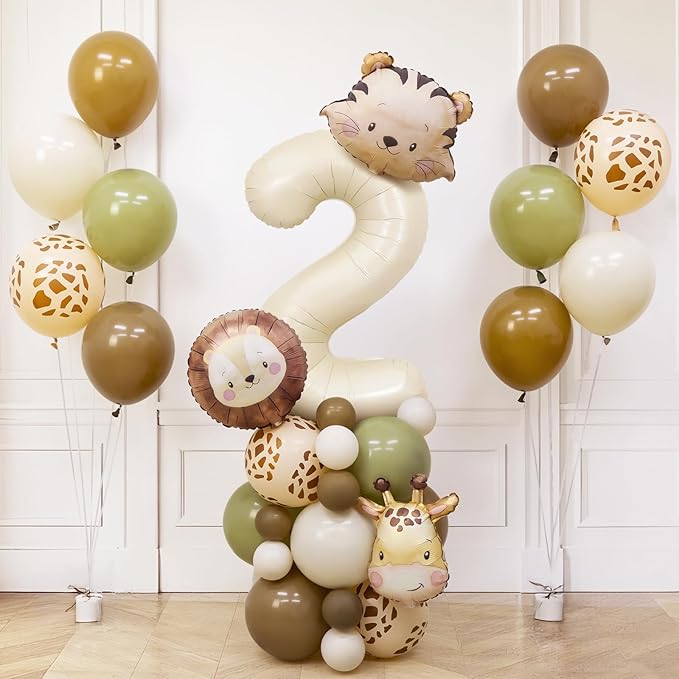 Jungle Safari Birthday Balloons, Animal Balloons Birthday Party Supplies for Safari Birthday Wedding Shower Party Decorations (Cream, Number 2)