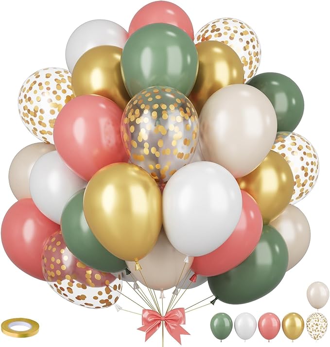 Sage Green Pink Balloons, 12 Inchs Retro Pink Green White Metallic Gold Balloons, Pastel Birthday Balloon for Girls' Birthdays Jungle Safari Baby Shower Wedding Party Decoration