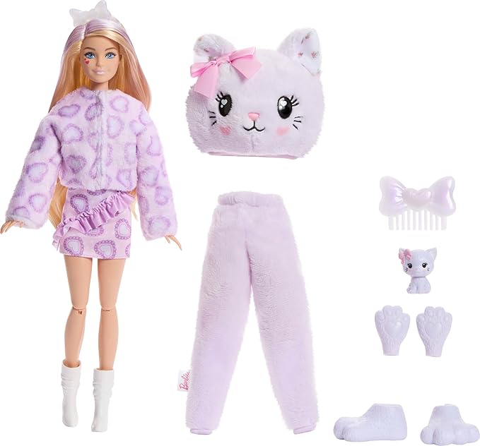 Barbie Cutie Reveal Doll & Accessories, Cuddly Series Kitten with 10 Surprises Including Color Change & Mini Pet