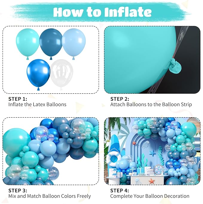 Ocean Themed Party Balloons Arch Kit, Turquoise Blue Teal Clear Metallic Balloons for Kids Ocean Sea Themed Pool Party Baby Shower Birthday Beach Party Decorations