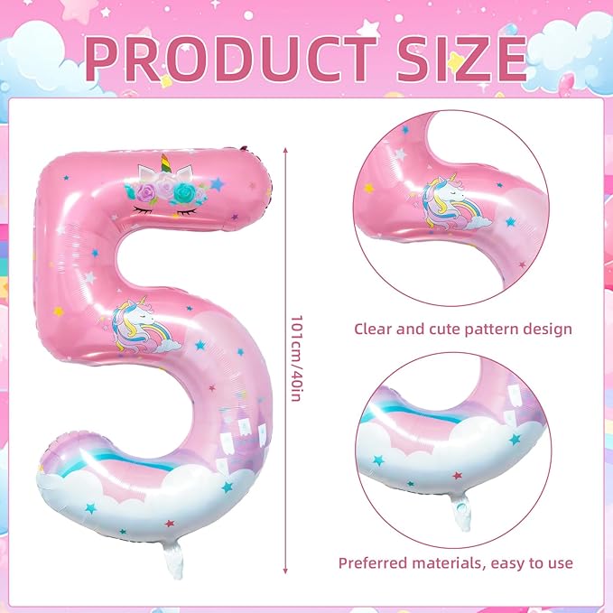 Unicorn Birthday Decorations, 40inch Unicorn Number 5 Balloons for Rainbow Unicorn Party Supplies (5)