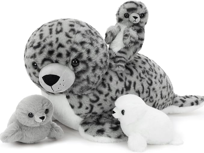 4 Pcs Seal Stuffed Animal Set, 20" Mother Plush Toy with 3 Babies in Mom's Belly, Cute Leopard Stuffed Seal Plushie for Girls Boys Kids