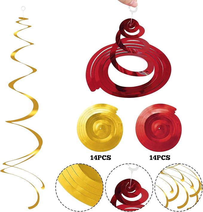 Colorful Ceiling Swirl Foil Decorations Hanging Plastic Streamer Themed Swirl Party for Chinese New Year Graduation Celebration, Pack of 28