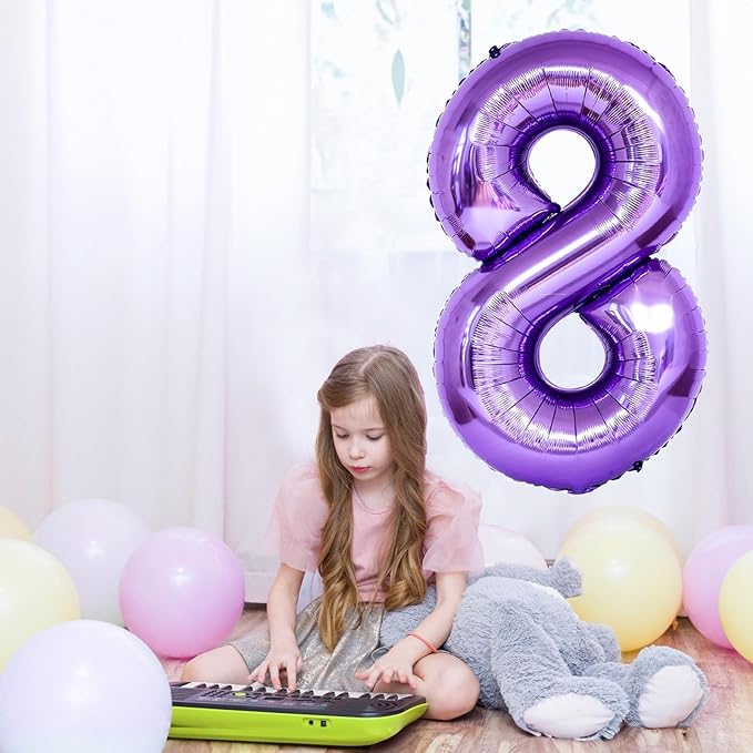 8th Birthday Number Balloons for Kids, Self Inflating 40 Inch Purple Foil 8 Balllon, Large Number 8 Balloons for Girls 8 Years Old Birthday Party Bridal Shower Anniversary Party Decorations Supplies