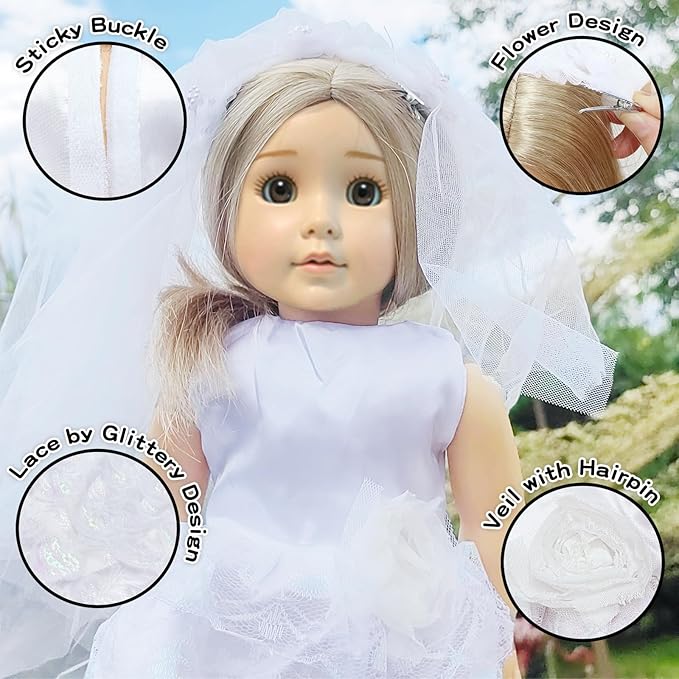 5 Sets 18 Inch Girl Doll Wedding Gown, Fashion Clothes and Accessories, 1 Bride Gown with Veil, 4 Satin Doll Dresses, Gift for American Doll Clothing
