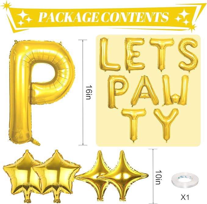 Lets Pawty Balloons Banner 16 Inch,Gold Dog Birthday Decorations with 4pcs 10 Inch Star Balloons,Paw Foil Letter Balloon for Dogs Paw Pet Puppy Theme Party Supplies