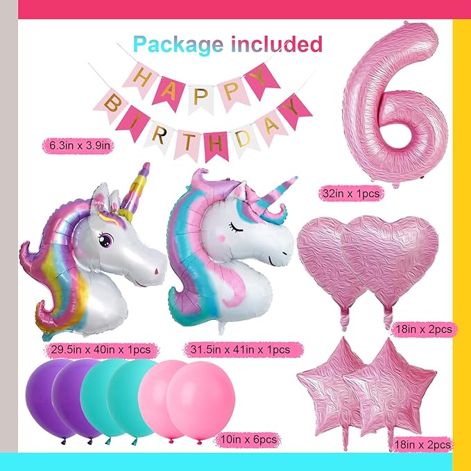 Yancan 6th Unicorn Birthday Decorations for Girls, 6 year old Girl Party Supplies with Happy Birthday Banner, Unicorn Balloons