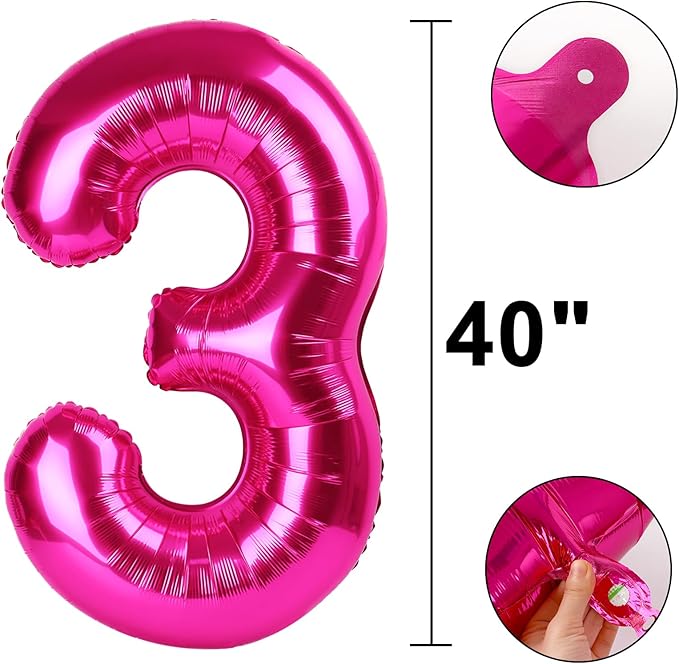 Rose Red Number 3 Birthday 40 Inch Balloons for Girls,Mylar 3 Hot Pink Balloon Number, Big Foil 3 & 1 Helium Number 13 31 Balloon for Women Birthday Party Decorations Anniversary Decor Supplies