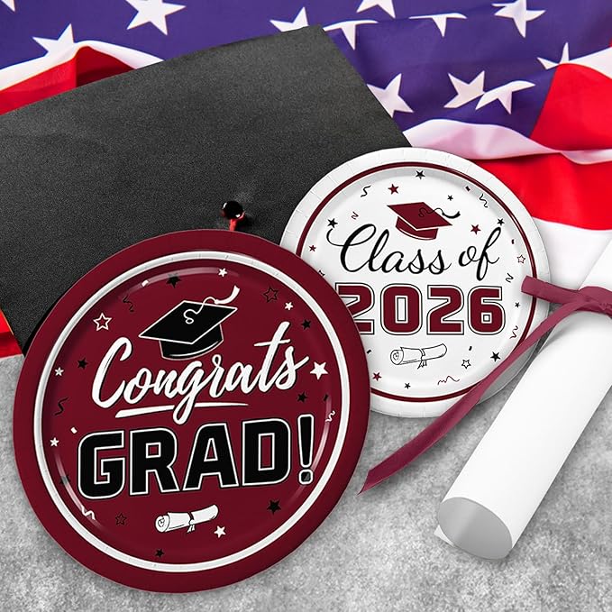 Graduation Maroon Party Supplies Kit Dinner Plates Dessert Plates and Napkins for Congrats Grad Party Decorations, Serves 50