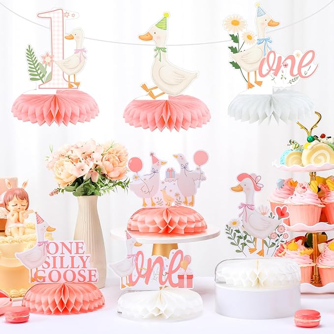 8 Pcs One Silly Goose Birthday Decorations Silly Goose Birthday Honeycomb Centerpieces Pink 1st Party Supplies for Women Pink Bow Duck Funny Party Supplies
