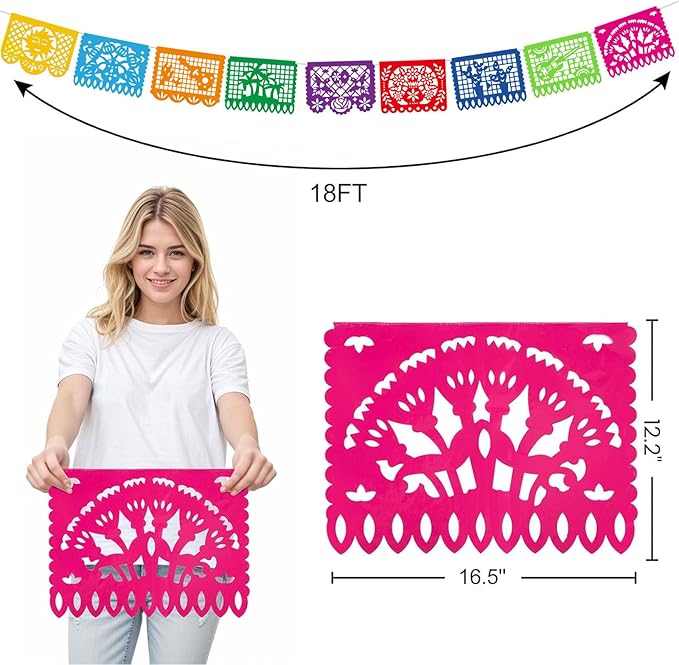 DomeStar Mexican Party Decoration, 18 Feet Plastic Papel Picado Fiesta Banner Cinco de Mayo Garland for Mexican Birthday Fiesta Party Supplies