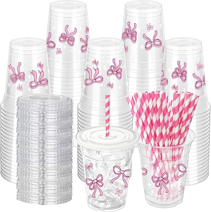 50 Pcs Pink Bow Plastic Cups with Lids and Straws,12 oz Lovely Bow Disposable Drinking Cups Pink Bowknot Theme Party Cup for Wedding Birthday Bridal Baby Shower Party Supplies