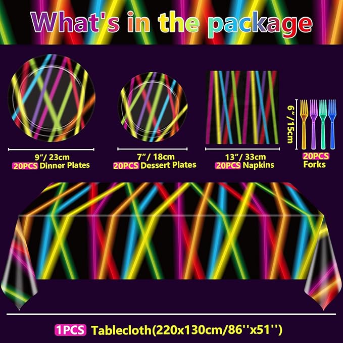 81Pcs Glow in the Dark Party Supplies Set - Serves 20, Neon Party Supplies, Includes Plates, Napkins, Fork, Tablecloth for Halloween Glow Birthday Decorations