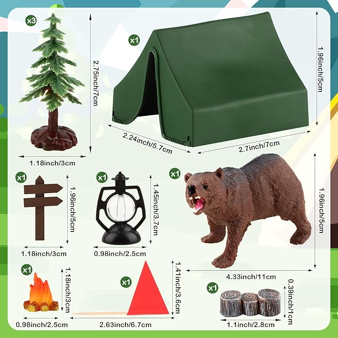 Hooqict Camping Cake Decorations with Mini Tent, Campfire, Tree, Camp Sign, Animal Camping Cake Toppers & Cupcake Toppers for Forest Camp Themed Birthday Party Decorations Supplies