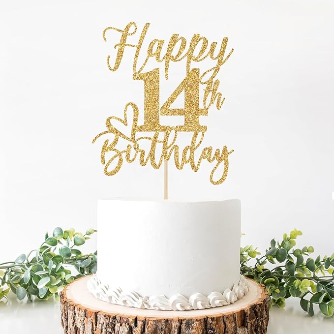 Gold Glitter Happy Birthday Cake Topper, Funny Party Supplies for 14th Birthday