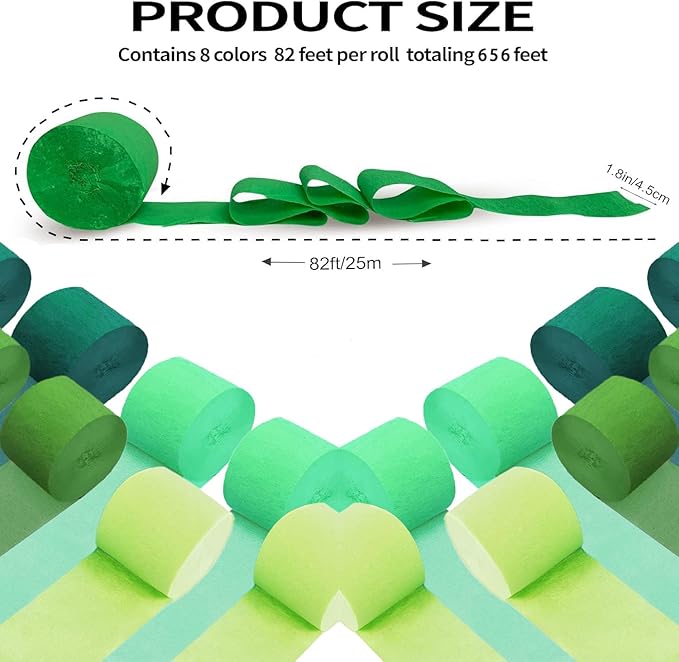 Crepe Paper Streamers 8 Rolls 656ft，GreenParty Decorations Streamers (1.8 Inch x 82 Ft/Roll)，for Birthday Decorations, Wedding Decorations, St. Patrick's DayDecorations