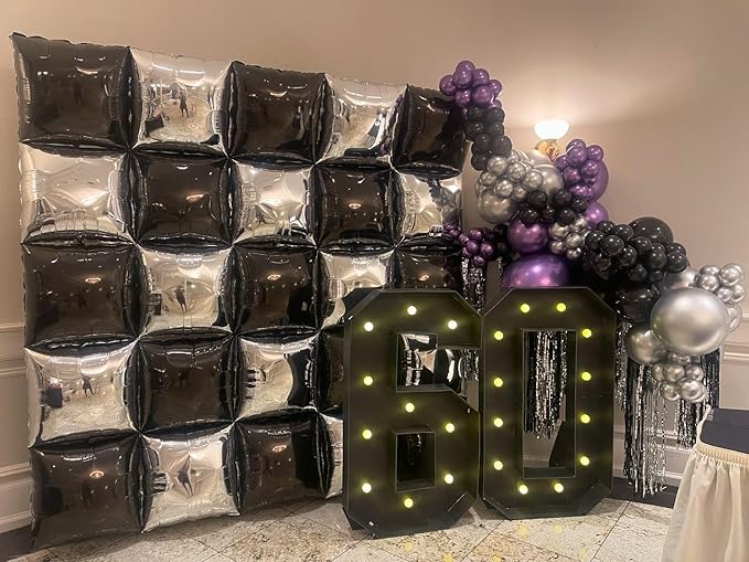 Black Silver Square Foil Balloon Wall,25Pcs Double Sided Foil Balloons Backdrop Helium Polyester Tunnel Arch Garland Kit for Birthday Bridal Anniversary Baby Shower Party Decorations