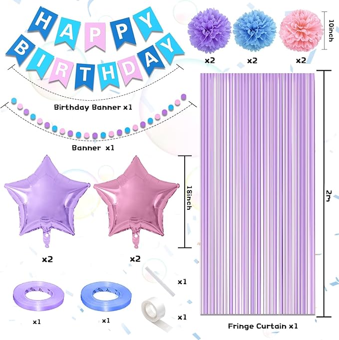 Purple Pink Blue Birthday Decorations,Girls Boys Party Decorations with Blue Pink Confetti Birthday Balloons Happy Birthday Banner Purple Fringe Curtain Tissue Paper Pompoms Star Garland