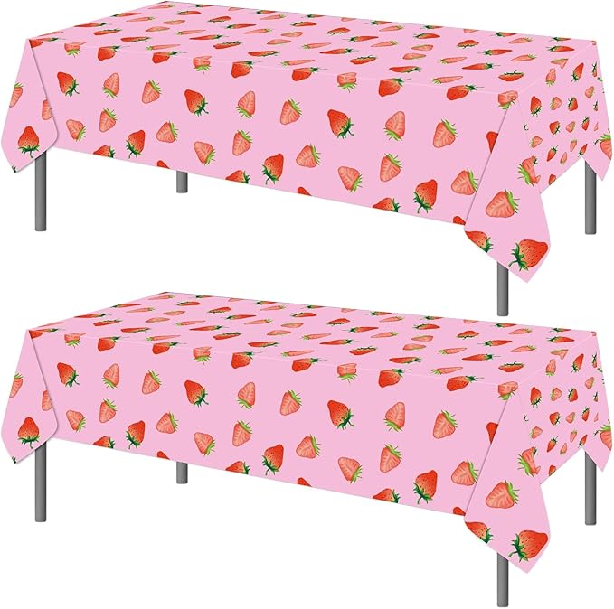 PHOGARY 2 PCS Strawberry Tablecloth for Strawberry Party Decorations, Disposable Plastic Rectangle Berry First Birthday Table Cloth for Kids Girls Berry Birthday Decorations Baby Shower 54"X108"