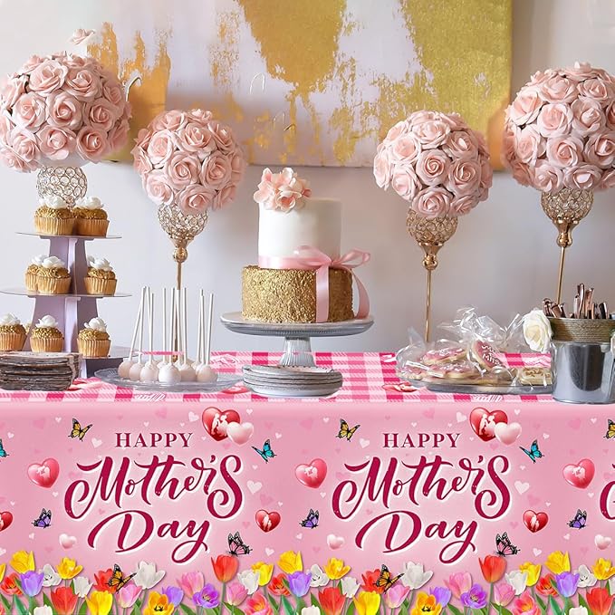 GREHUMOR 3Pcs Happy Mothers Day Tablecloth Mothers Day Party Supplies Pink Mothers Day Floral Flowers Tulip Disposable Rectangle Table Covers for Best Mom Ever Party Table Decorations