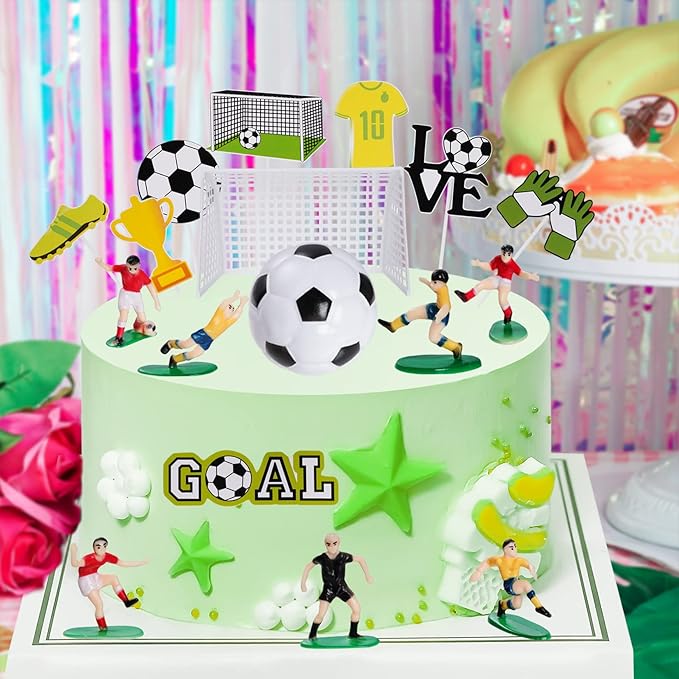 18 Pieces Soccer Cake Topper Decorations Soccer Ball Cupcake Topper Soccer Player figure for Soccer Birthday Party Sport Party Football Theme Party Supplies for Men Boy