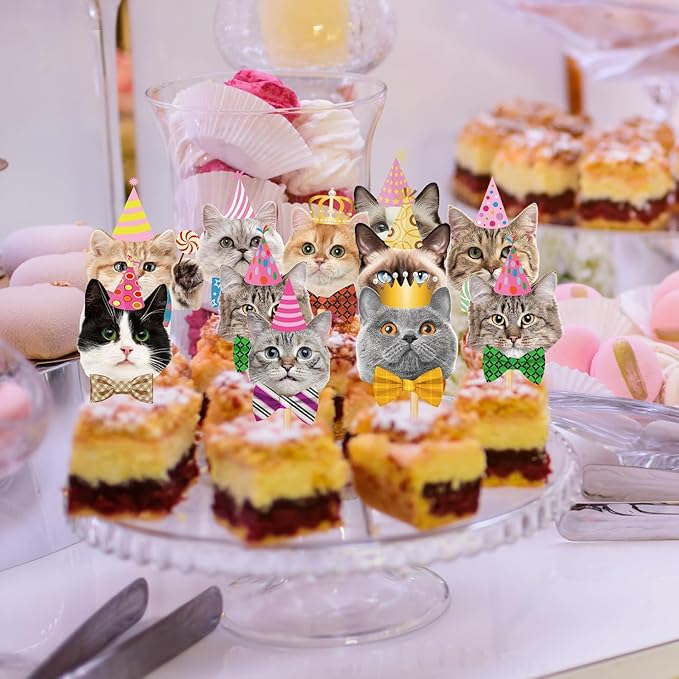 Cat Birthday Party Decorations - 40PCS Cute Cats Face Cupcake Toppers Decor Supplies for Pet Birthday Baby Shower