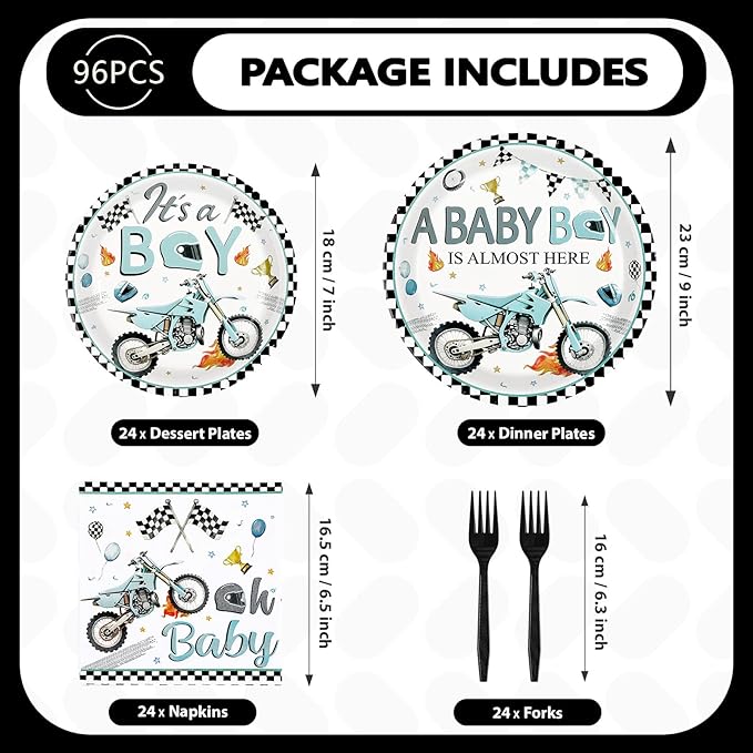 96Pcs Motorcycle Birthday Party Decorations Dirt Bike Motocross Plates and Napkins Tableware Set Watercolor Motorbike Decorations Favors for Boys Kids Baby Shower Birthday Party Supplies Serves 24