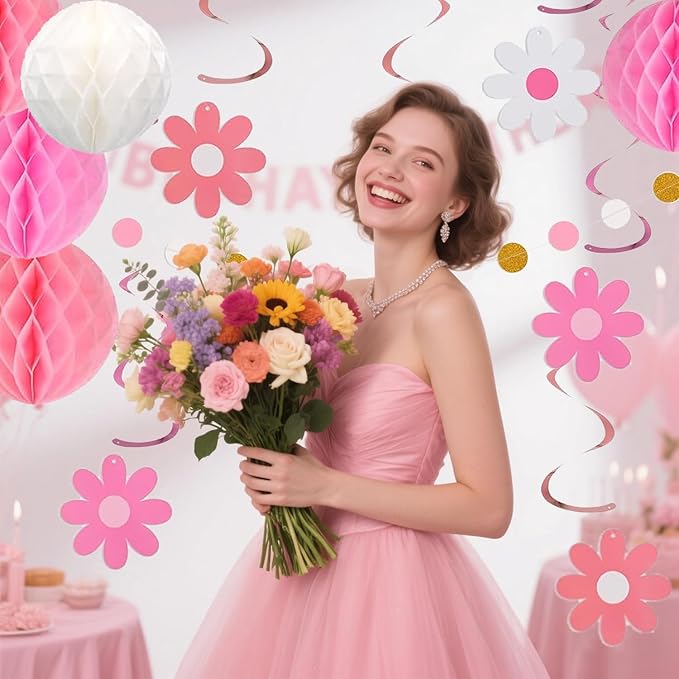 Pre-Strung Pink Birthday Decorations for Women Kits- Birthday Curtain Backdrop, Ballons, Glitter Banner with Honeycomb Balls, Stars Hanging Swirl Streamers, Circle Dots Garland