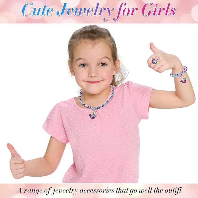 Girls Mermaid Necklace, Bracelet, Ring Set - Dress Up Pretend Play Jewelry Gifts for Kids & Toddlers - Mermaid Party Costume Supplies