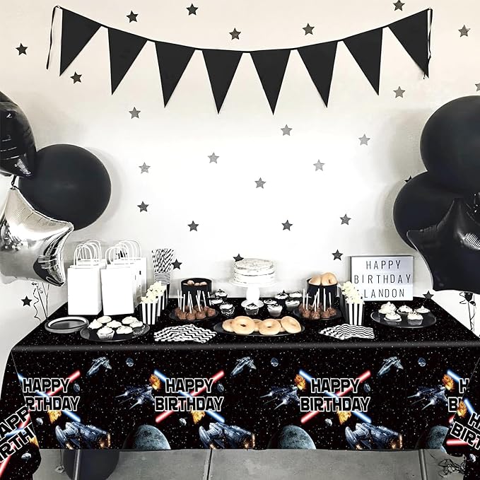 3 Pieces Space Battleship Wars Themed Birthday Party Decorations Tablecloth, Large Size 54 x 108 Inch Rectangular Plastic Table Cloth Star Galaxy Universe Starship for Boys Kids Party Decorations