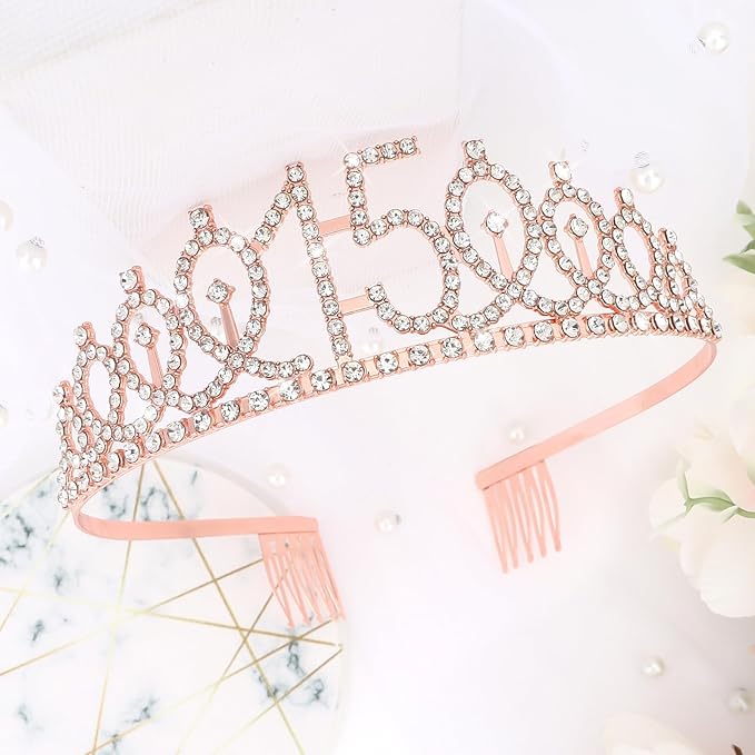CIEHER 15th Birthday Crown + Sash + Pearl Pin Set, It's My 15th Birthday Decorations, Women's Happy Birthday Party Supplies