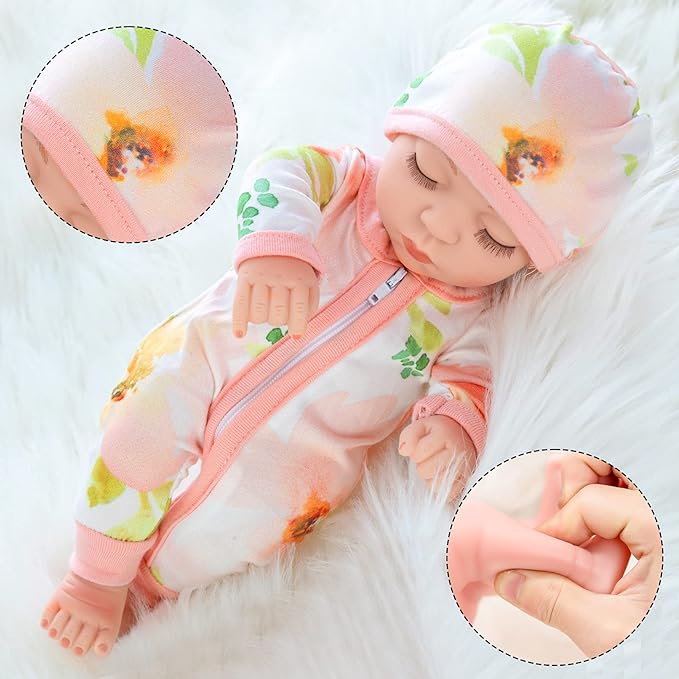 10 Inch Newborn Reborn Baby Doll and Clothes Set Washable Realistic Soft Silicone Sleeping Baby Doll with Beautiful Flower Pattern Jumpsuit and Hat-Best Gift for Kids Girls