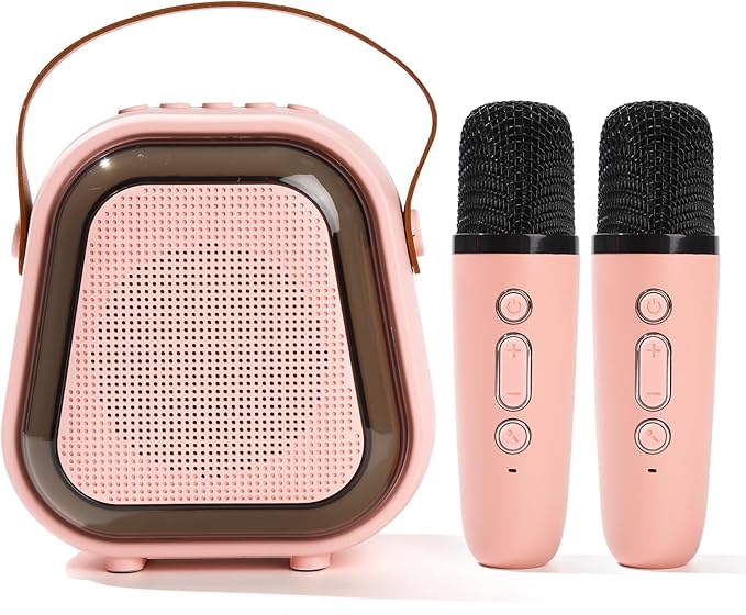 Mini Karaoke Machine for Kids, Karaoke Speaker with LED Lights, Portable Bluetooth Entertainment System with 2 Microphones, Dynamic Color-Changing Effects for Kids (Pink+2 Mic)