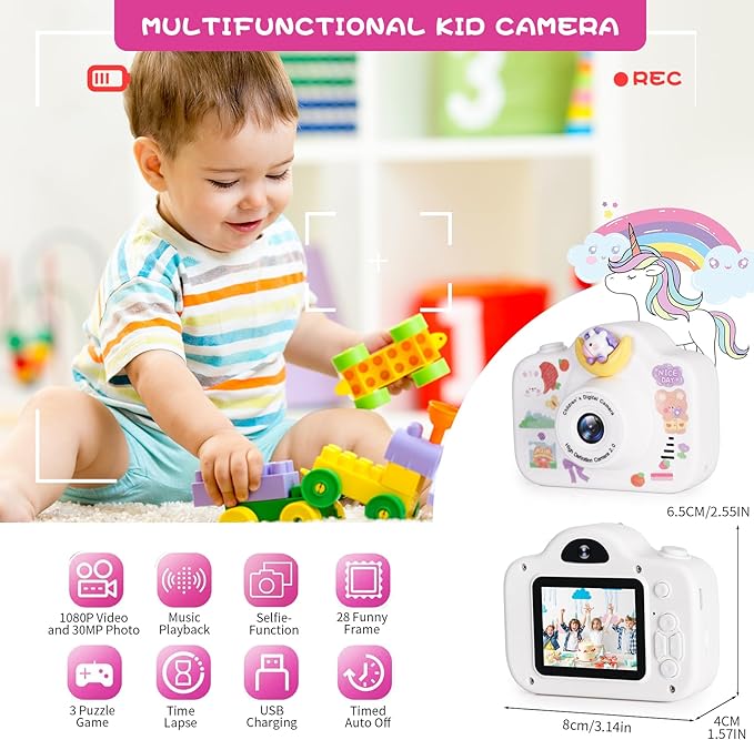 Kids Camera, Christmas Birthday Gifts for Children Age 3-8, HD Digital Video Cameras for Children, Portable Toy for 3 4 5 6 7 8 Year Old Kid with 32GB SD Card and Cute Children's Camera Bag (White)