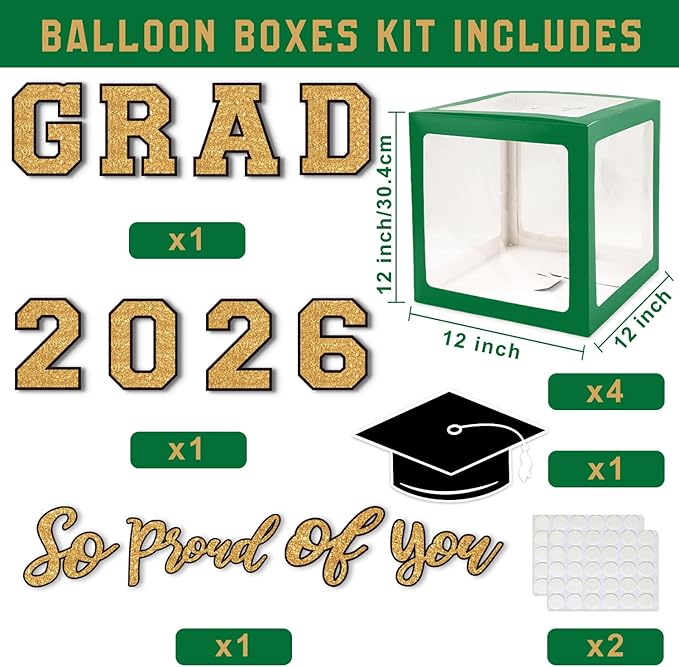 Graduation Decorations 2026 - Green and Gold Graduation Decorations - Set of 4 Balloons Boxes with Letters 2026 GRAD So Proud of You, Congrats Grad Party Decorations for Any Grades