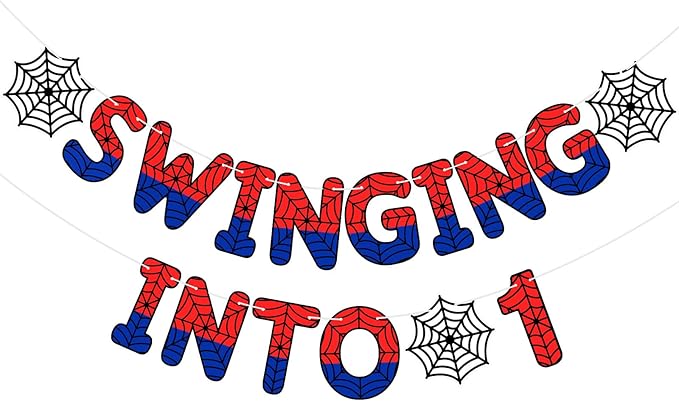 TaoBary Spider Theme 1st Birthday Banner, Pre-strung Swinging into 1 Banner, Spider 1st Birthday Decorations Party Supplies for Kids, First Decor for 1 Year Old Boys Girls(Red and Blue)