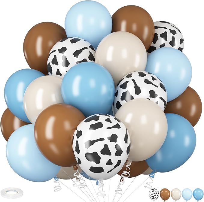 Cow Print Balloons, 12Inch Light Blue Brown and Cow Sand Balloons for Boys First Rodeo Birthday Cowboy Baby Shower Farm Western Country Party Decorations
