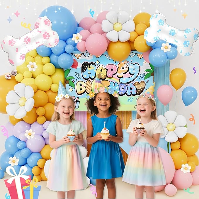 Blue Dog Birthday Party Decorations for Girls & Boys - Cartoon Theme Balloon Arch Kit with Backdrop, Fringe Curtains & Bone Foil Balloons - Easy Setup Party Supplies for 1st 2nd 3rd Bday