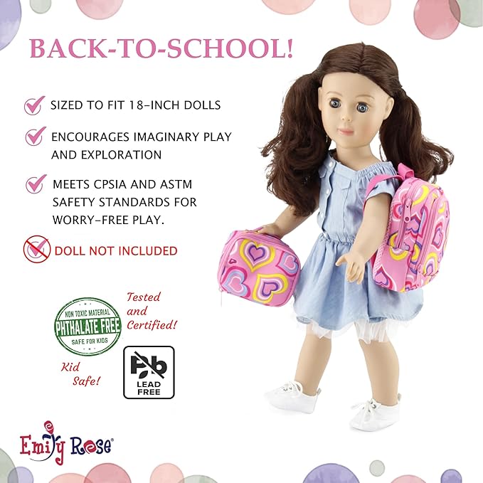 Emily Rose 18-Inch Doll School Essentials 18-PC Set - Backpack, Lunch Box & Working Calculator with Pretend Food - Premium USA Brand - Compatible with American Girl Dolls