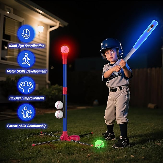 3-in-1 LED Baseball Set for Kids 3-5 - Tee Ball Stand, Hanging Tee, Ball Launcher and 4 Softballs - Adjustable Height, Indoor/Outdoor Sport Gifts for Boys Girls, Blue