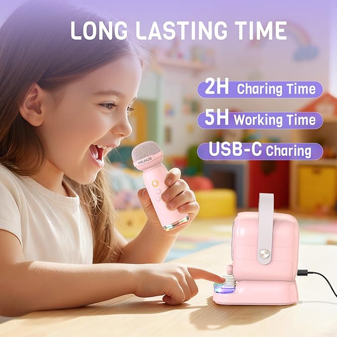 Mini Karaoke Machine with Colorful 7 Piano Keys,Top Christmas Birthday Gifts for 3 4 5 6 7 8 9 10 11 12+ Years Old, Portable Bluetooth Speaker with Wireless Microphone,Boys and Girls Gift-Pink