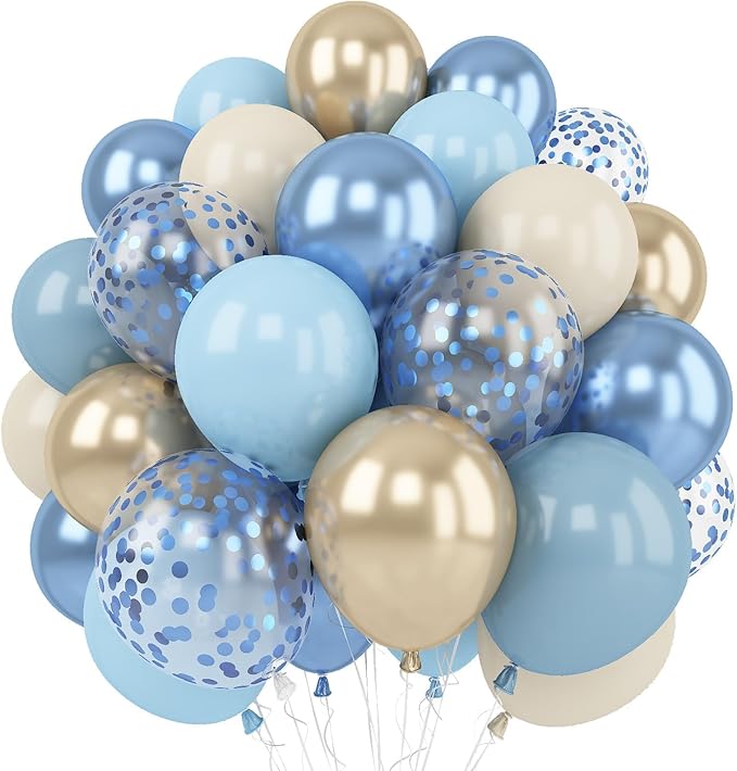 Dusty Blue Gold Balloons, 60 Packs 12 Inch Dusty Baby Blue Chrome Gold Blue Confetti Balloon Sand White Balloon for Boy Baby Shower Decorations Bridal Shower Gender Reveal Birthday Party Supplies